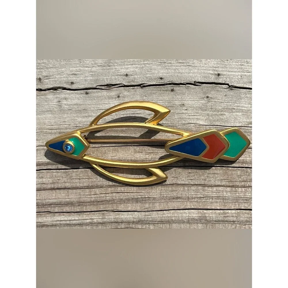 Vintage 80s Brooch Lapel Pin Fish Outline Enamel Gold Unisex